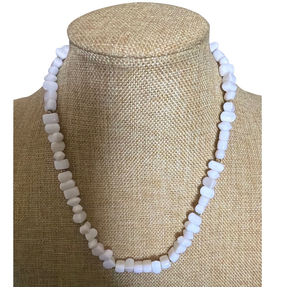Vintage White Tumbled Glass Bead Necklace‎ Gold Tone Accents Beach Summer